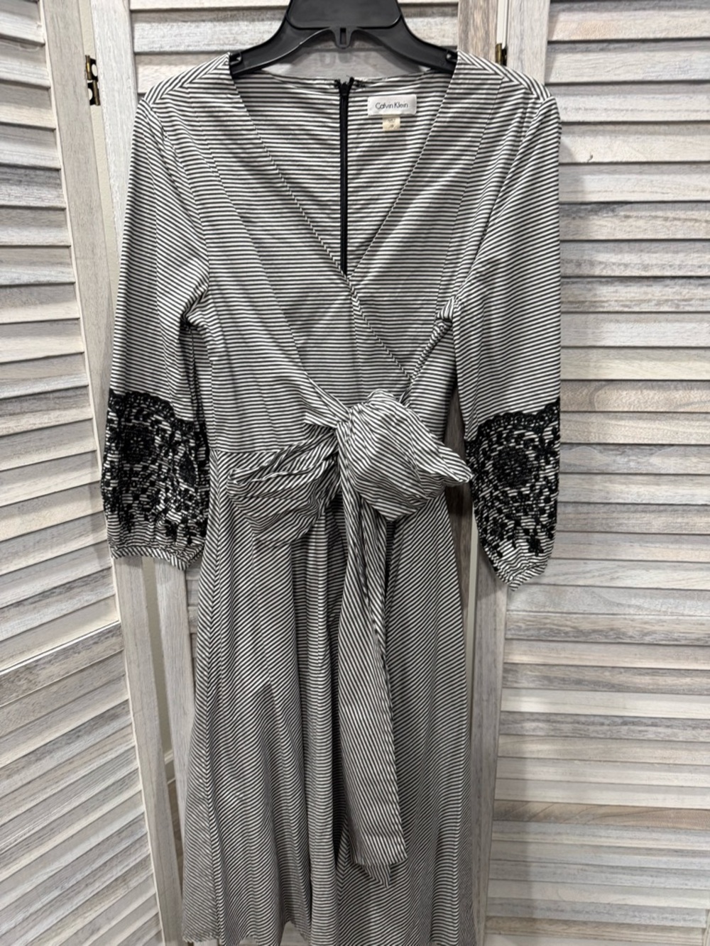 Calvin Klein Black & White Striped Wrap Dress with Lace Cuffs